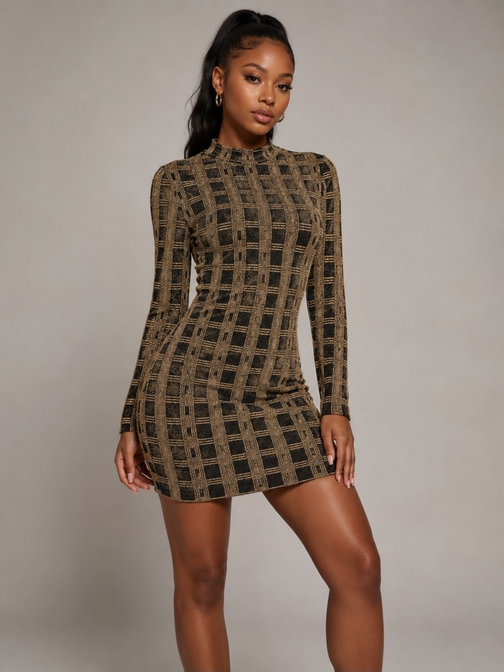 Metallic Plaid Mini Dress in Gold and Black
